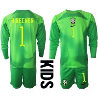 Camiseta Brasil Alisson Becker #1 Portero Visitante Equipación para niños Mundial 2022 manga larga (+ pantalones cortos)